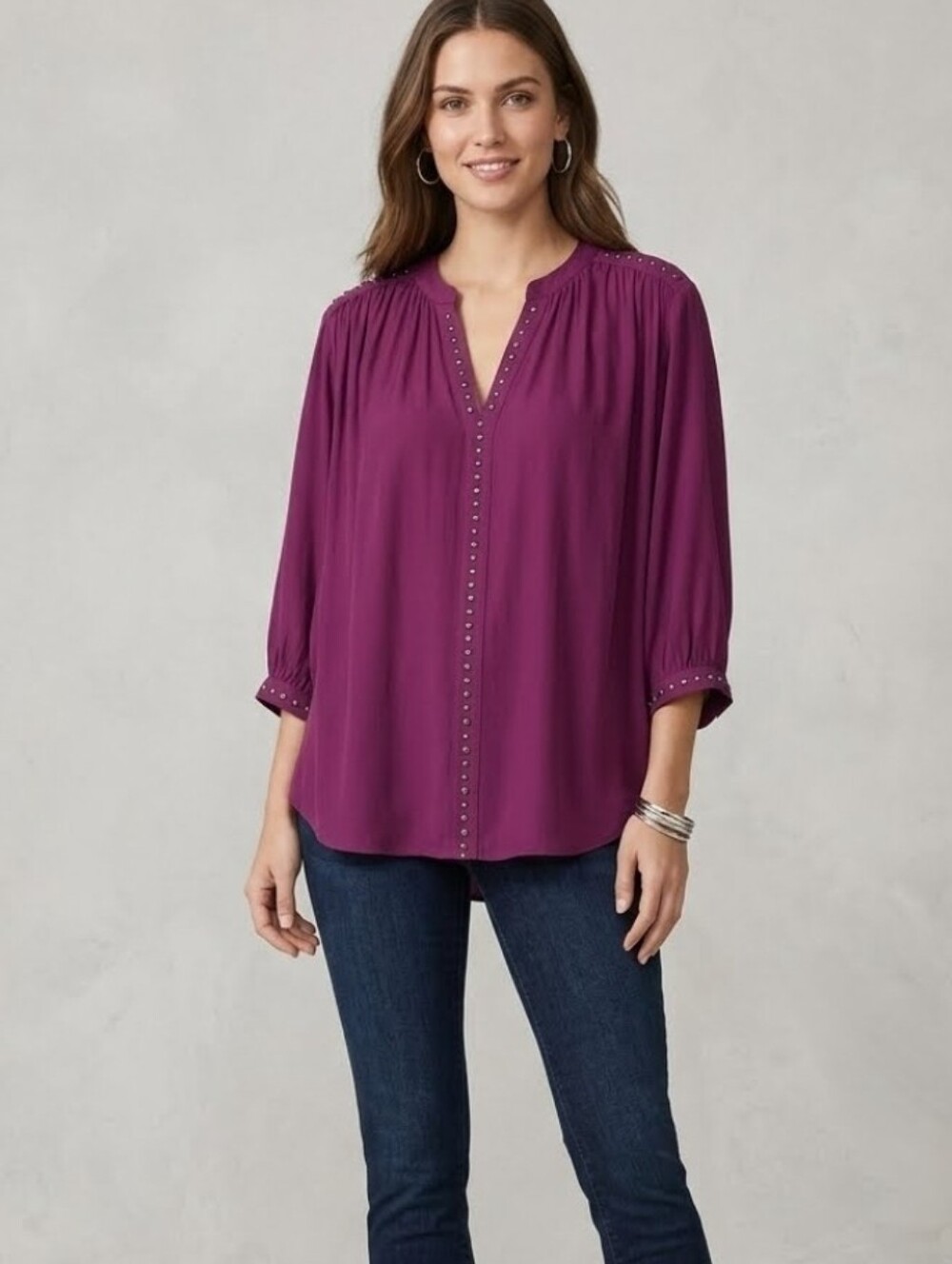 NWT Chico's Embellished Stud Trim Purple 3/4 Sleeve Top Size 2
